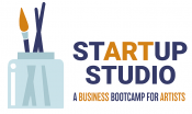 startup studio logo with paint brushes in water and text that says a business boot camp for artists